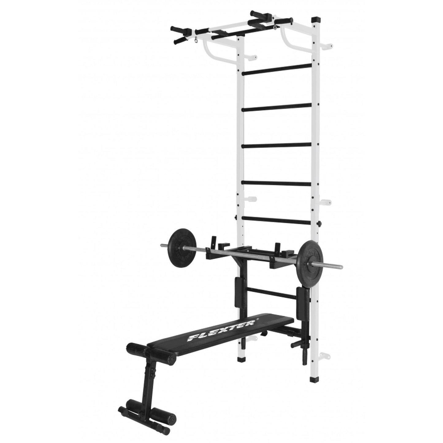 Wall Gym for Adults "3 in 1" with Stall Bars, Dip Bars, Foldable Bench, and Pull-Up Bar BOGATYR FLEXTER White - Black 246*110*68.5 cm