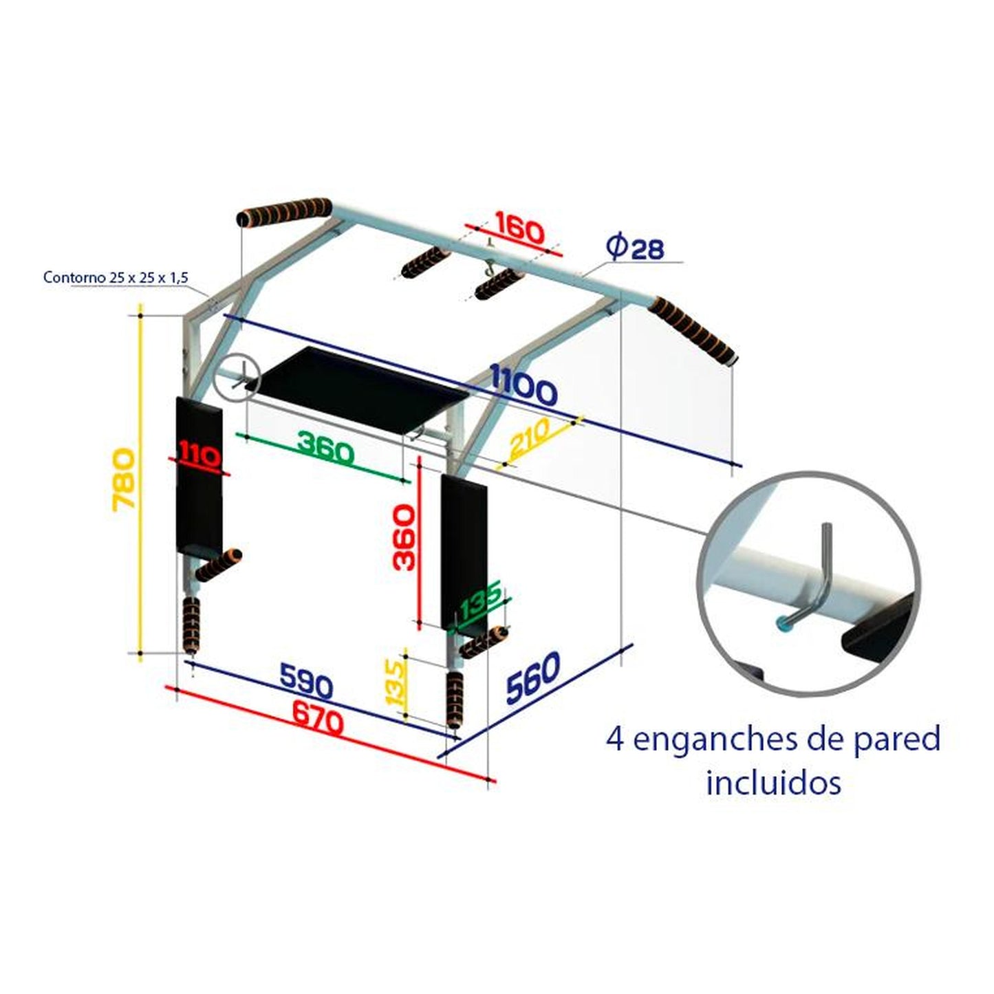 Barra Horizontal de Pared Ligera hasta 130 Kg "3 en 1" MONGOOSE SPEKTR 78*67*56 cm Blanco
