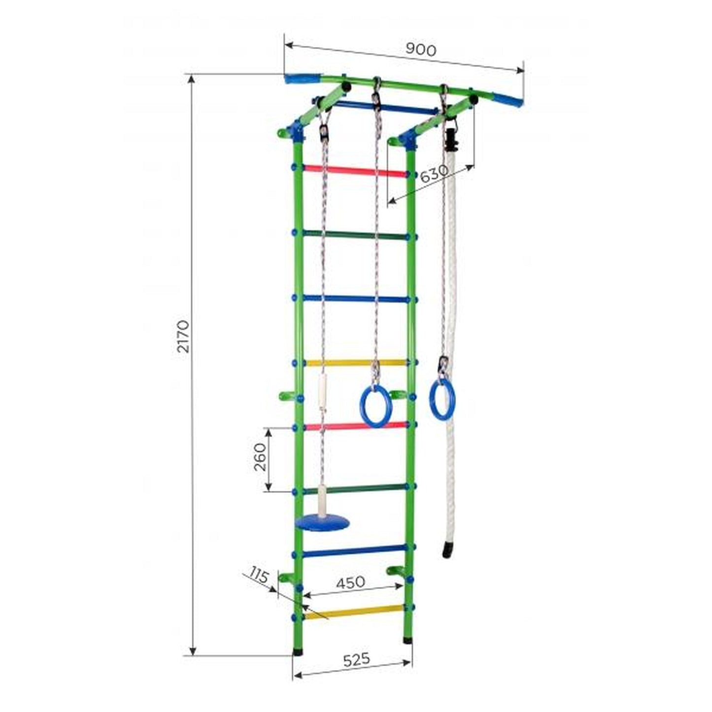 START1 Light Blue-Rainbow Children's Wall Gym with Rungs, Rings, and Swing 217*63*5.25 cm