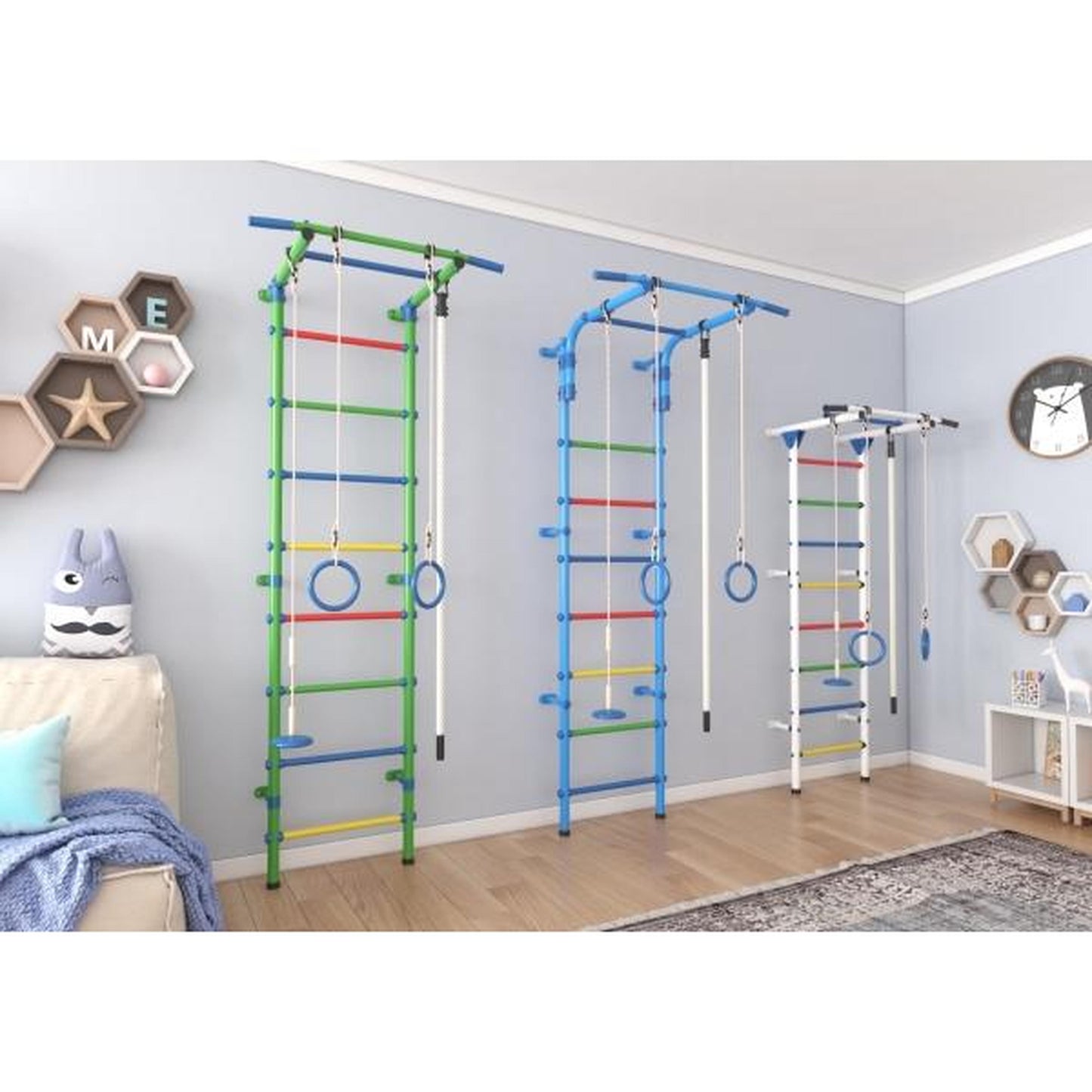 START1 Light Blue-Rainbow Children's Wall Gym with Rungs, Rings, and Swing 217*63*5.25 cm