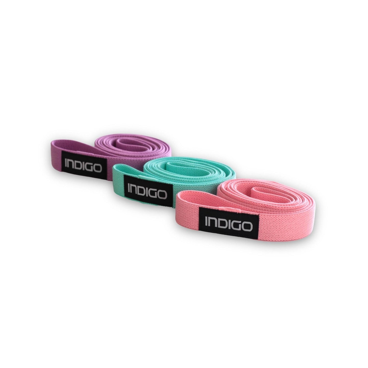 Bandas Elásticas de Tela 3 Niveles de Resistencias Larga INDIGO Púrpura-Rosa-Verde Claro
