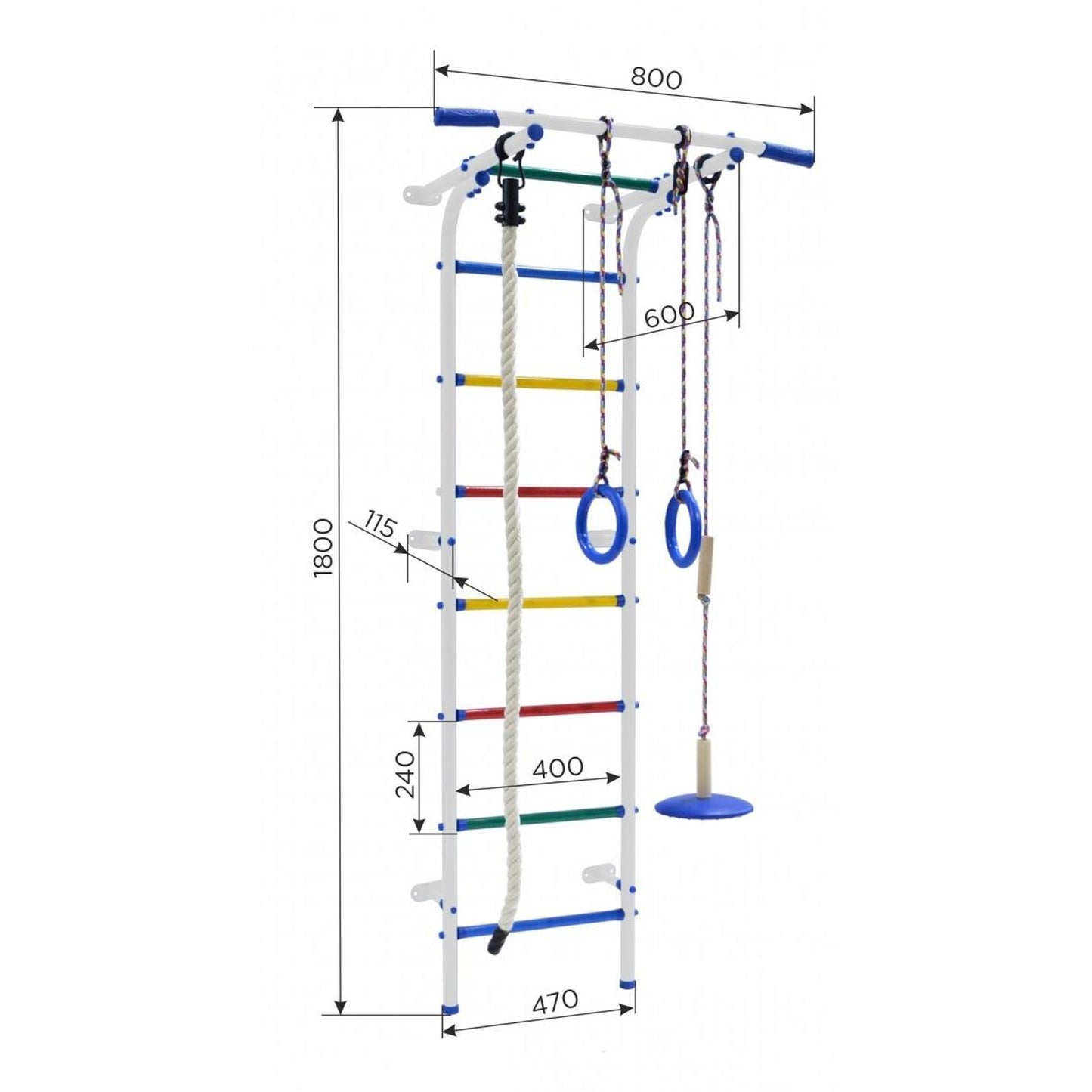 Encosto, Argolas, Corda e Baloiço para Ginásio de Parede Infantil START MINI 180*60*47 cm